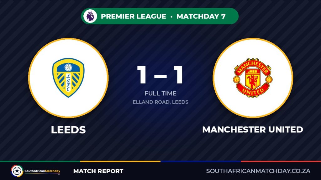 Leeds vs Manchester United match report banner showing the 1-1 final score