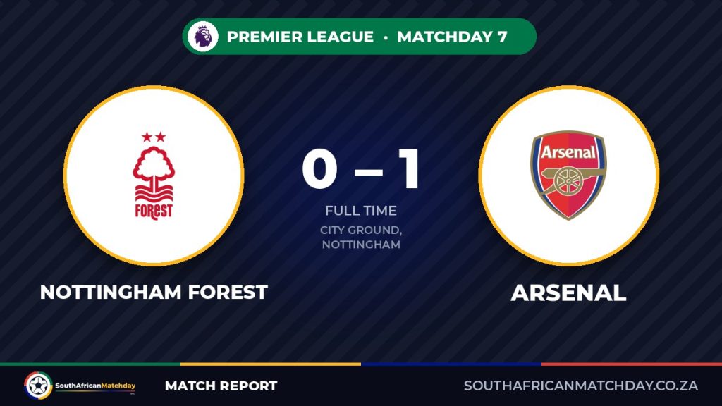 Nottingham Forest vs Arsenal match report banner showing the 0-1 final score